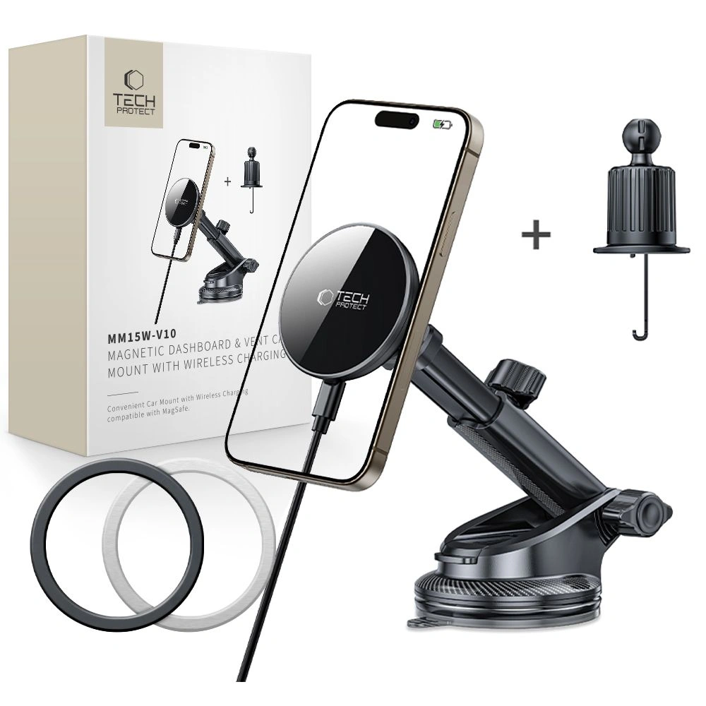 Uchwyt samochodowy na kokpit / do kratki z ładowarką bezprzewodową Tech-Protect MM15W-V10 Magnetic MagSafe Dashboard & Vent Car Mount Wireless Charger 15W Black