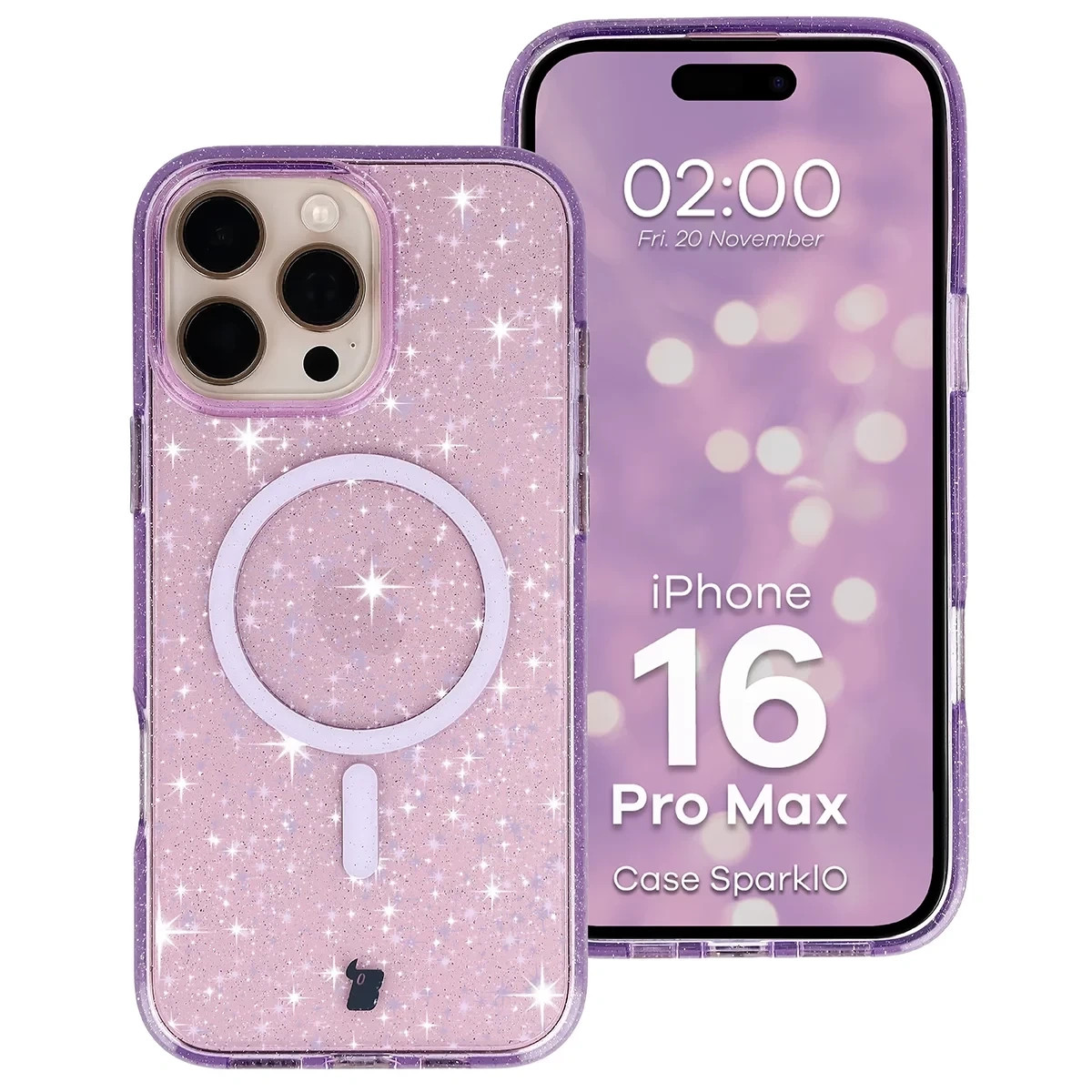 Etui brokatowe z pierścieniem magnetycznym Bizon Case SparklO do Apple iPhone 16 Pro Max, przezroczysto-fioletowe z brokatem
