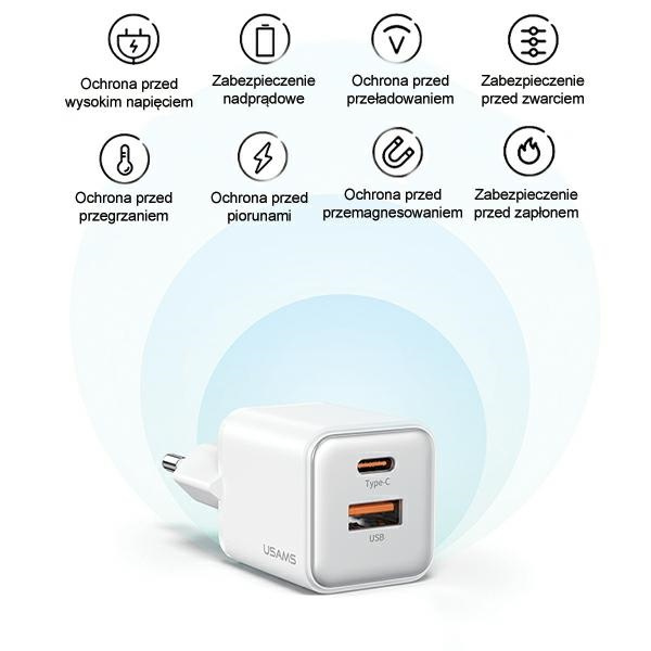 USAMS US-CC189 wall charger 1xUSB-A 18W+1xUSB-C 30W PD Fast Charging X-ron Series purple