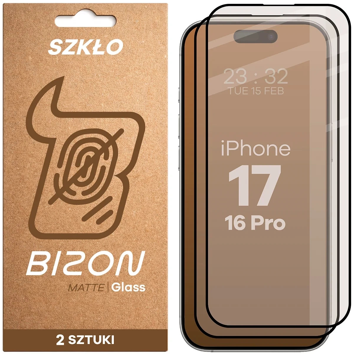 Matowe szkło hartowane Bizon Glass Matte Duo do Apple iPhone 16 Pro / 17, czarna ramka [2 PACK]