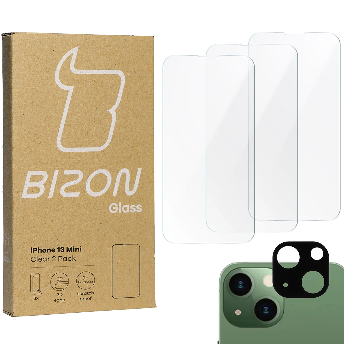 BIZON Clear 3x screen glass + camera glass Apple iPhone 13 Mini