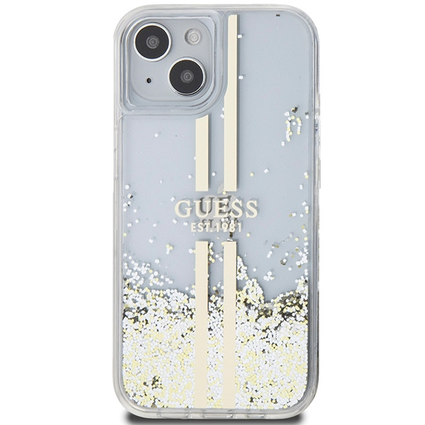 Guess GUHCP15MLFCSEGT Apple iPhone 15 Plus / 14 Plus hardcase Liquid Glitter Gold Stripes transparent