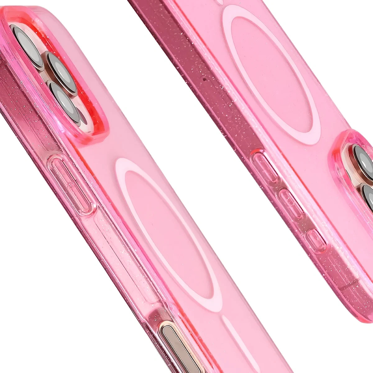 Etui brokatowe z pierścieniem magnetycznym Bizon Case SparklO do Apple iPhone 16 Pro Max, przezroczysto-różowe z brokatem