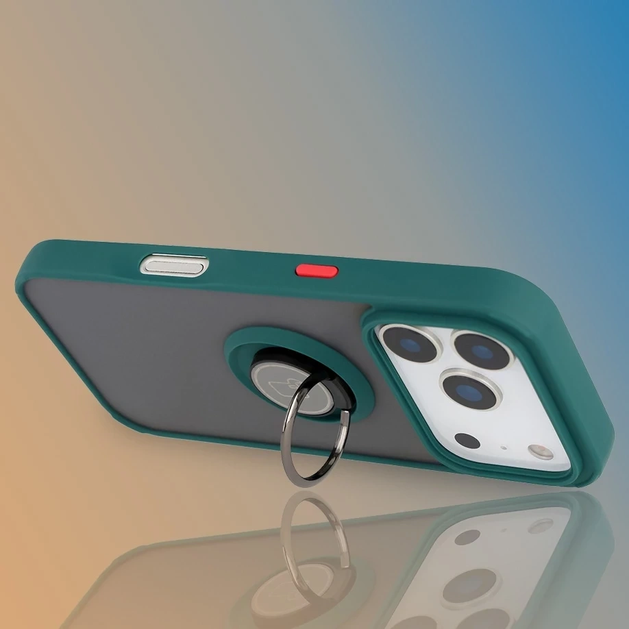 Etui z uchwytem na palec Bizon Case Hybrid Ring do Apple iPhone 17 Pro przydymione z ciemnozieloną ramką