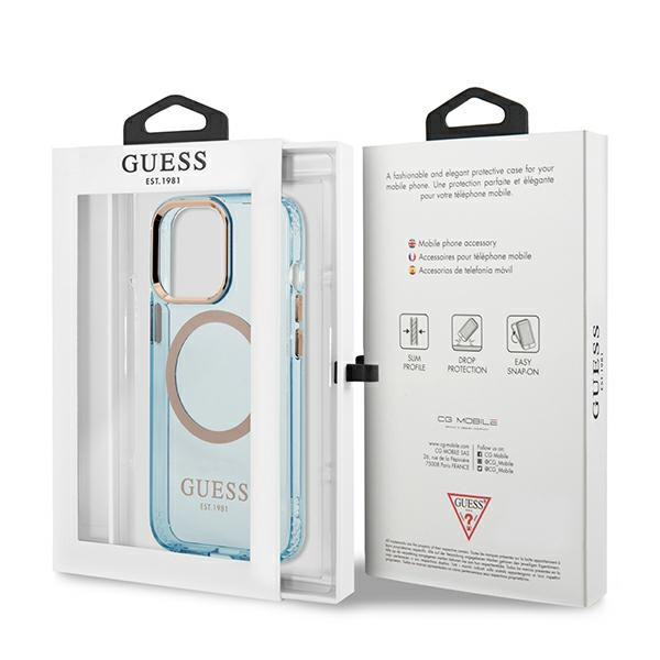 Guess GUHMP13LHTCMB Apple iPhone 13 Pro blue hard case Gold Outline Translucent MagSafe