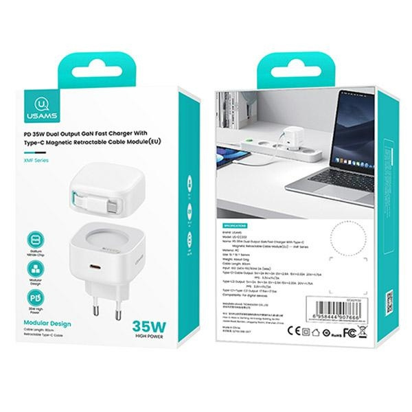 USAMS US-CC202 wall charger USB-C + USB-C cable PD QC 35W white