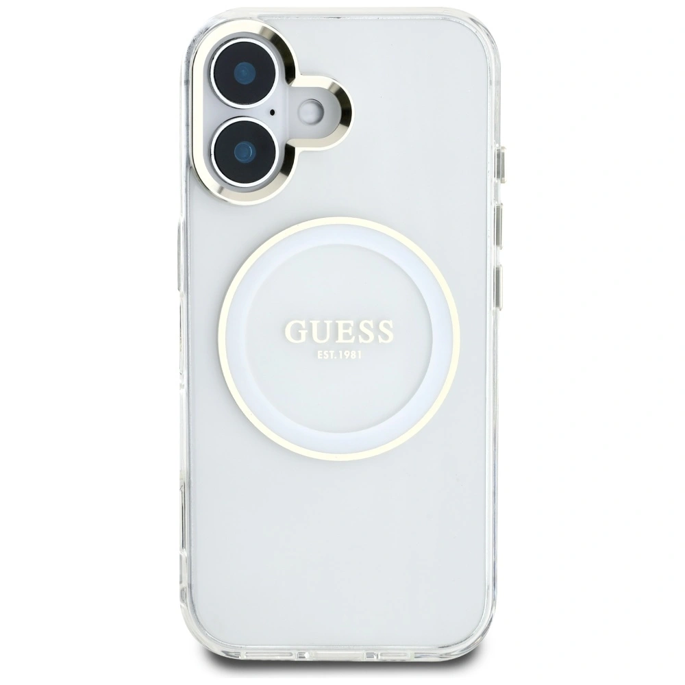 Etui Guess IML Metal Colored Circle Classic Logo MagSafe do Apple iPhone 16 biały