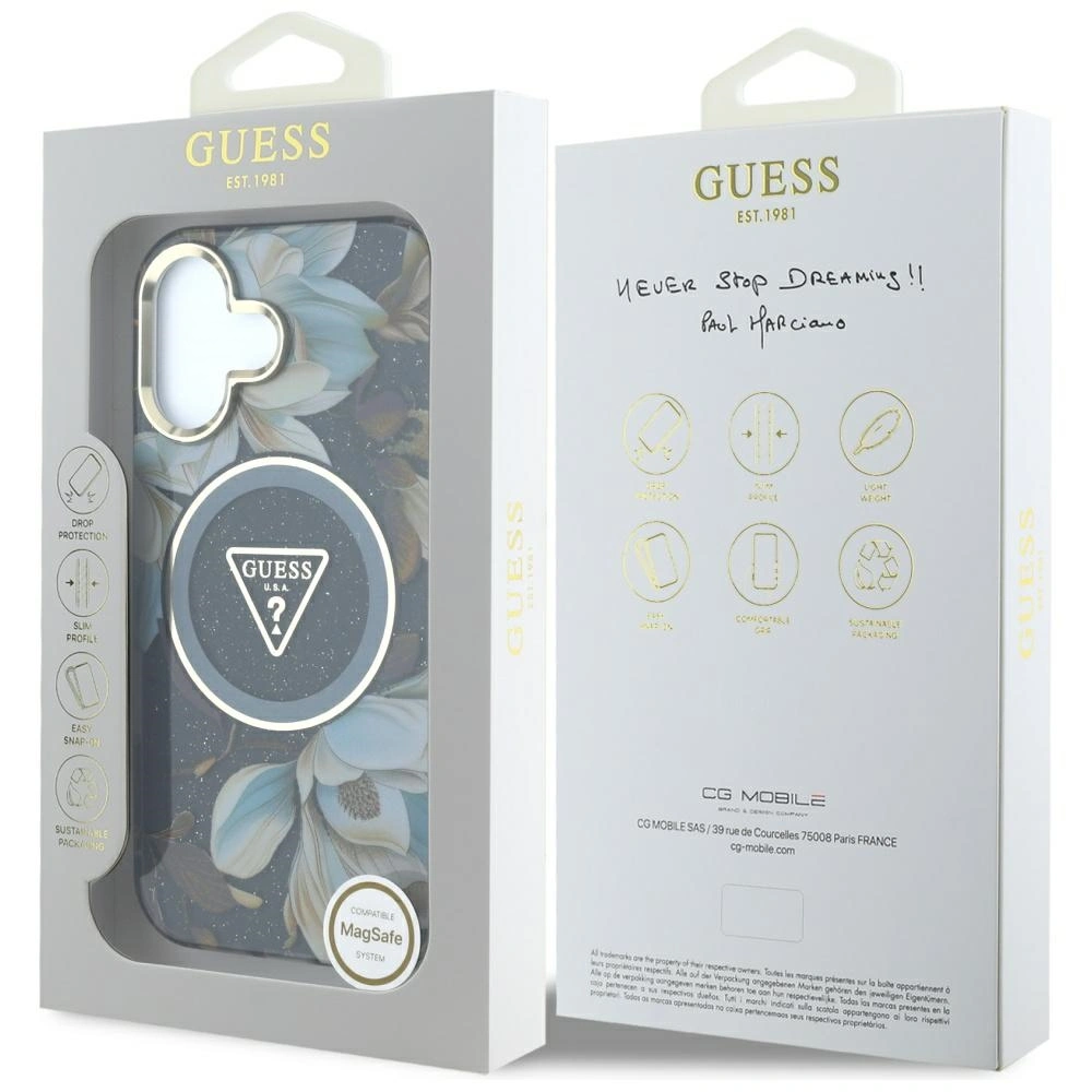 Guess Glitter Flowers Triangle Buttons MagSafe Apple iPhone 16 black
