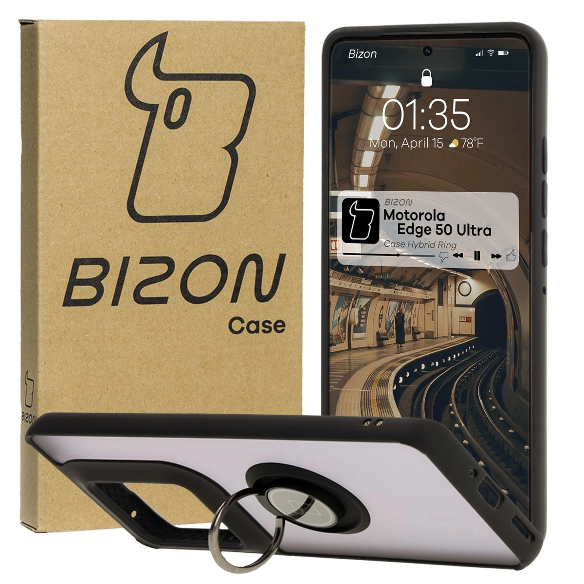Bizon Case Hybrid Ring Motorola Edge 50 Ultra smoky with a black frame