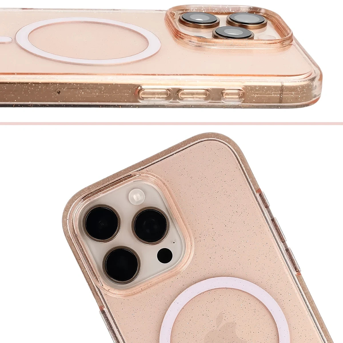 Etui brokatowe z pierścieniem magnetycznym Bizon Case SparklO do Apple iPhone 16 Pro Max, przezroczysto-jasnopomarańczowe z brokatem