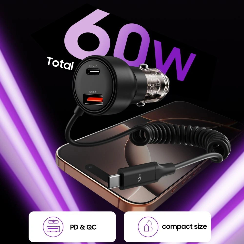 Tech-Protect CC05 2-port Car Charger USB-A, USB-C PD 60W + USB-C Cable Black