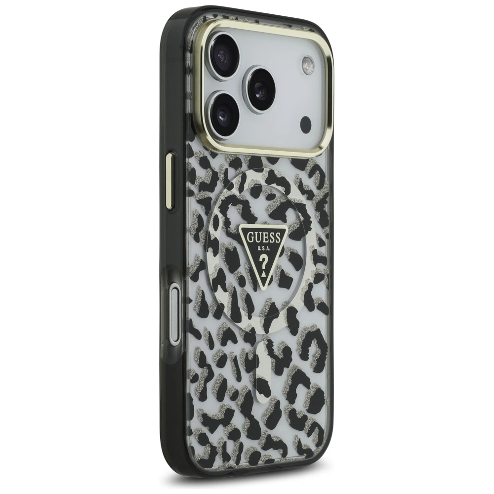 Etui Guess Leopard Glitter MagSafe do Apple iPhone 17 Pro czarny