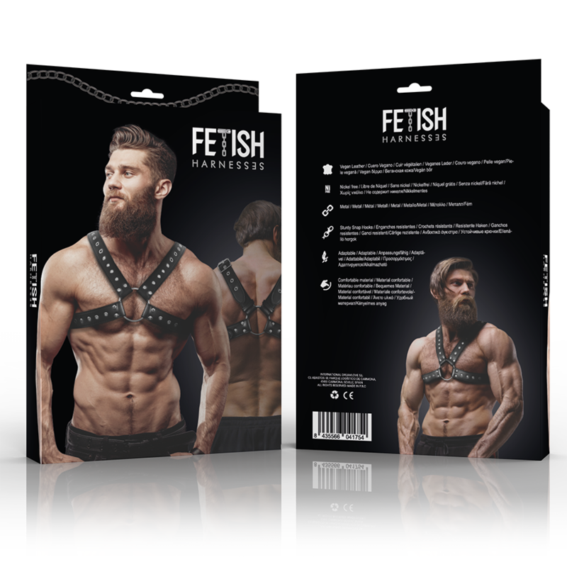 FETISH SUBMISSIVE ATTITUDE - MEN&#39;S CROSS-OVER ECO-LEATHER CHEST HARNESS WITH STUDS