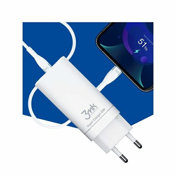 3MK HyperCharger 65W 2xUSB-C + USB-A GaN PD 3.0 QC 4.0 white