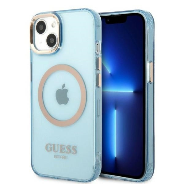 Guess GUHMP13MHTCMB Apple iPhone 13 blue hard case Gold Outline Translucent MagSafe