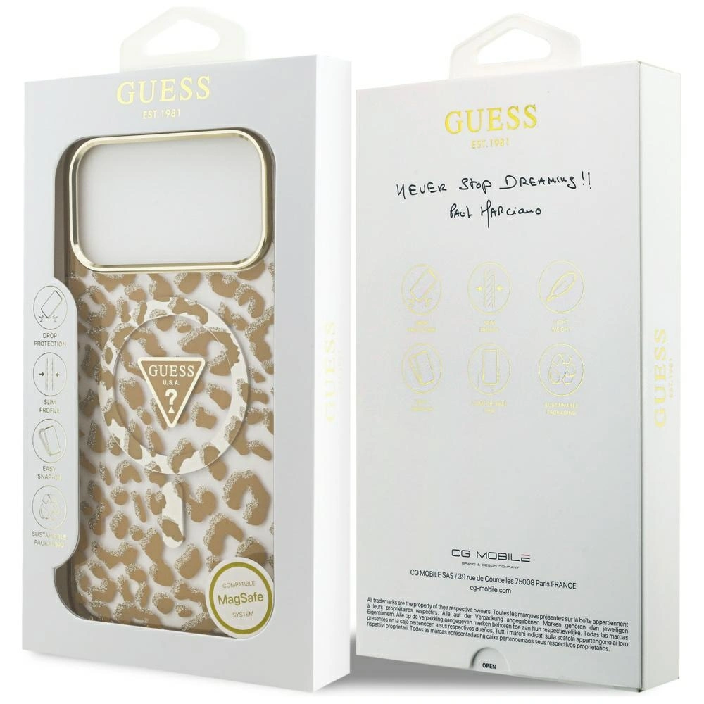 Etui Guess Leopard Glitter MagSafe do Apple iPhone 17 Pro Max brązowy