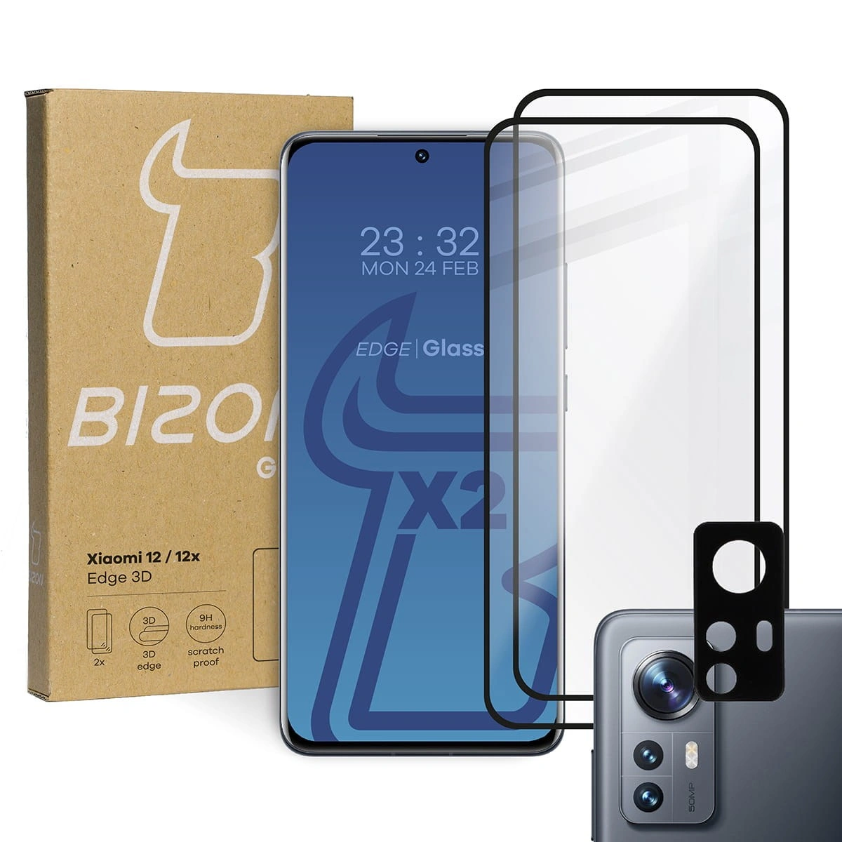 Bizon Glass Edge 3D tempered glass - [2 PACK] + lens protection Xiaomi 12 / 12X black