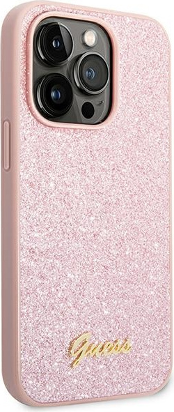 Guess GUHCP14XHGGSHP Apple iPhone 14 Pro Max pink hard case Glitter Script