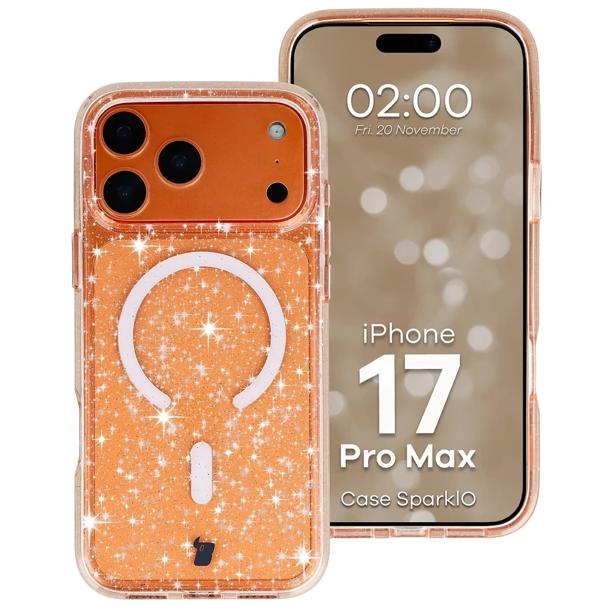Etui brokatowe z pierścieniem magnetycznym Bizon Case SparklO do Apple iPhone 17 Pro Max, przezroczysto-jasnopomarańczowe z brokatem
