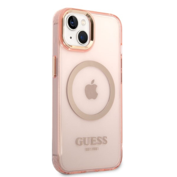 Guess GUHMP14SHTCMP Apple iPhone 14 pink hard case Gold Outline Translucent MagSafe