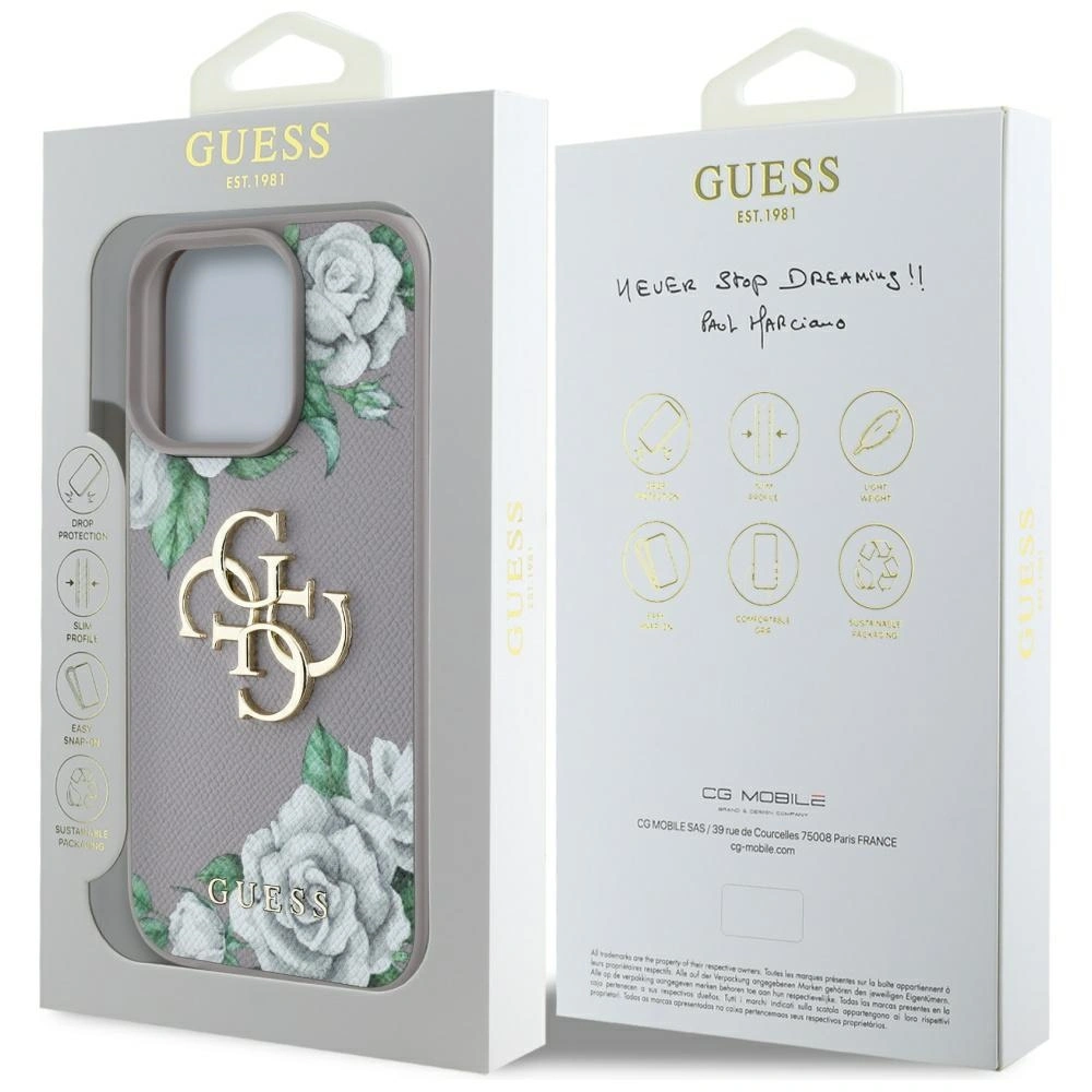 Etui Guess Grained Roses Big 4G logo do Apple iPhone 16 Pro fioletowy