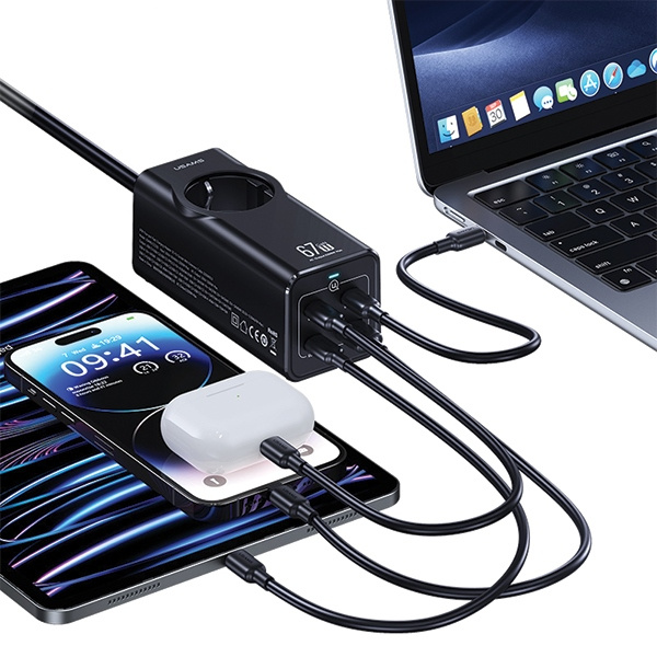 USAMS AC / AC 2200W power strip, USB-A 5W, 3xUSB-C 67W GaN PD QC FCP ADC PPS black