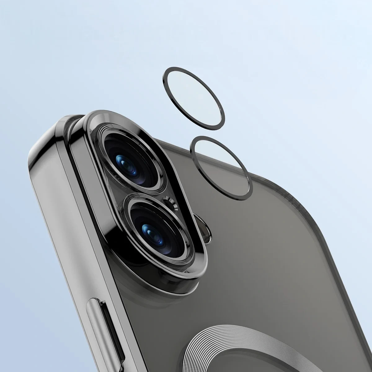 Etui z ochroną aparatu i pierścieniem magnetycznym Bizon Case GuardO do Apple iPhone 17, przezroczysto-czarne