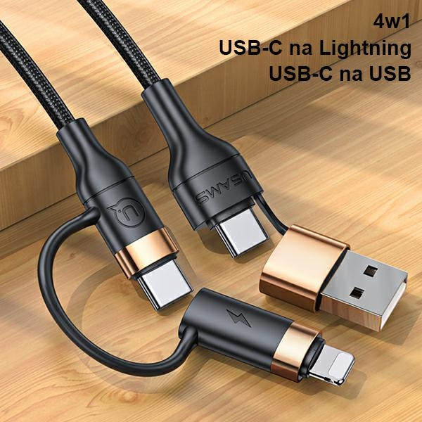 USAMS Nylon Cable U62 2xUSB-C/USB-A /Lightning 1,2m PD Fast Charge black SJ483USB01 (US-SJ483)