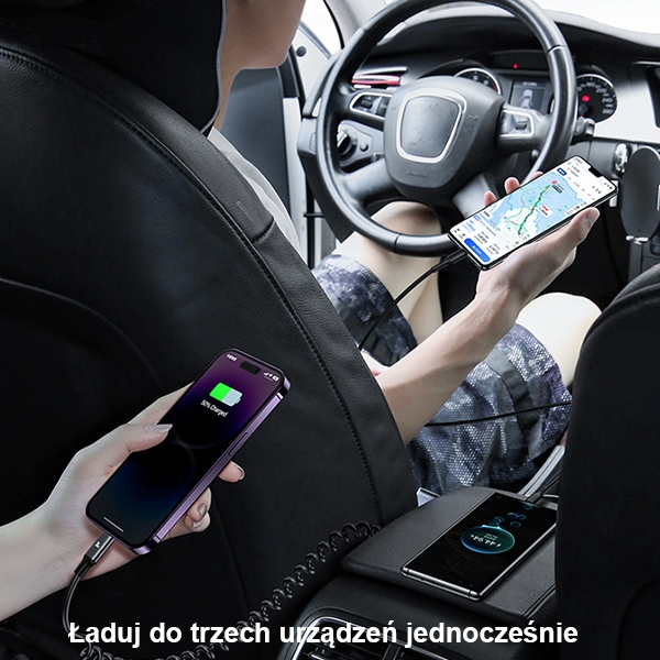 USAMS Car Charger with Spring Cable 2xUSB-C 1xUSB-A C33 60W black CC167CC01 (US-CC167)