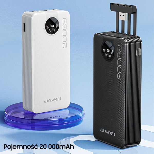 AWEI P134K Powerbank 20000mAh black Display + USB/PD/Lightning/microUSB Cables