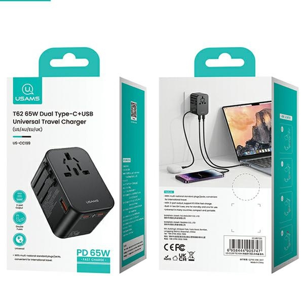 USAMS T62 Univesal Travel Charger US/AU/EU/UK 1xUSB, 2xUSB-C 65W black 