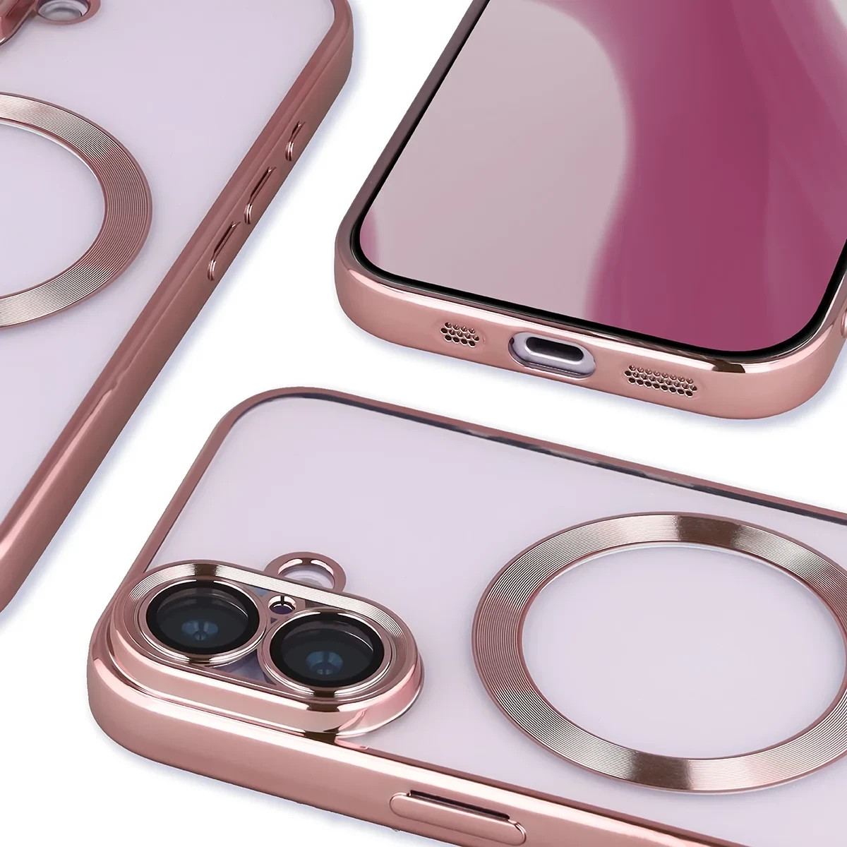 Etui z ochroną aparatu i pierścieniem magnetycznym Bizon Case GuardO do Apple iPhone 17, przezroczysto-różowe