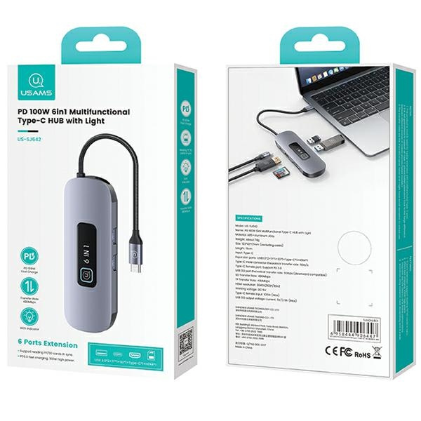 USAMS US-SJ642 HUB 6w1 USB-C / 2xUSB-A 3.0,TF,SD,USB-C,HDMI PD100W tarnish