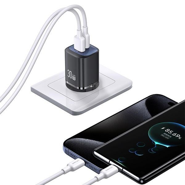 USAMS CC254 wall charger USB-A, USB-C 30W GaN Fast Charging HC Series white