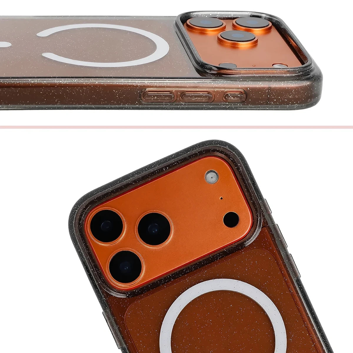 Etui brokatowe z pierścieniem magnetycznym Bizon Case SparklO do Apple iPhone 17 Pro Max, przezroczysto-czarne z brokatem