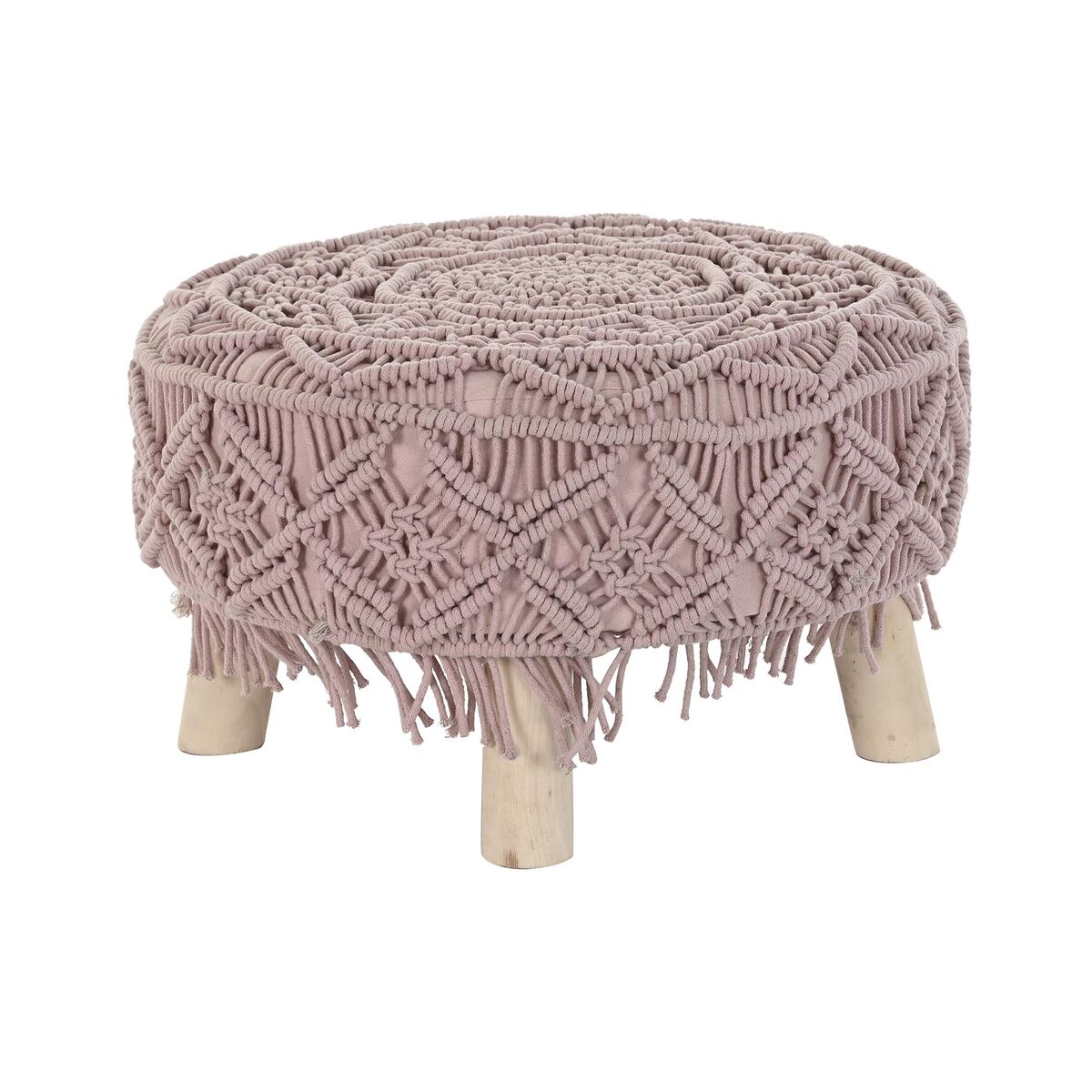 Footrest DKD Home Decor 53 x 53 x 31 cm Natural Wood Brown Light Pink 50 x 50 x 30 cm Macrame Boho