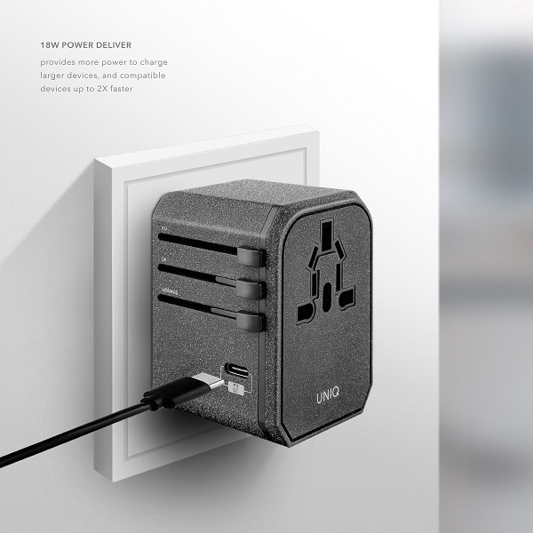 UNIQ Wall charger Voyage World Adapter 33W + 2xUSB + PD 18W + QC 3.0 charcoal grey (LITHOS Collective)