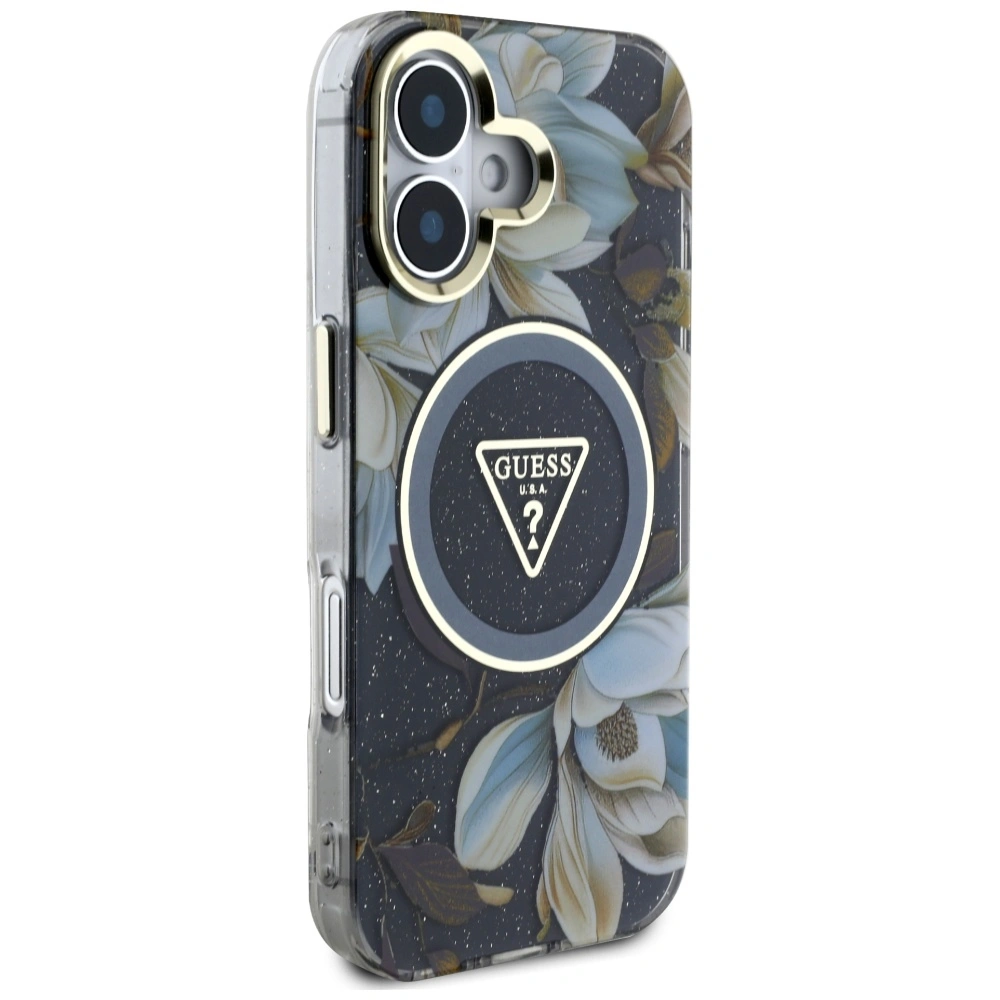 Guess Glitter Flowers Triangle Buttons MagSafe Apple iPhone 16 black
