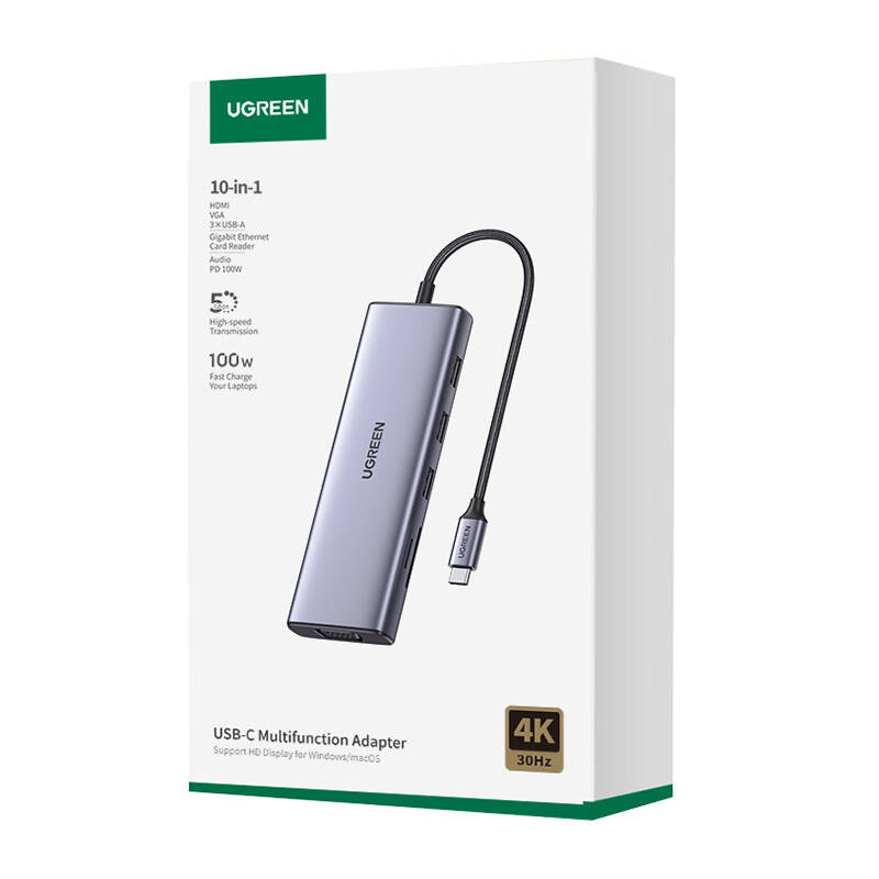 UGREEN CM498 10in1 adapter USB-C / 3xUSB-A 3.0, HDMI, VGA, RJ45, SD/TF, AUX3.5mm, PD