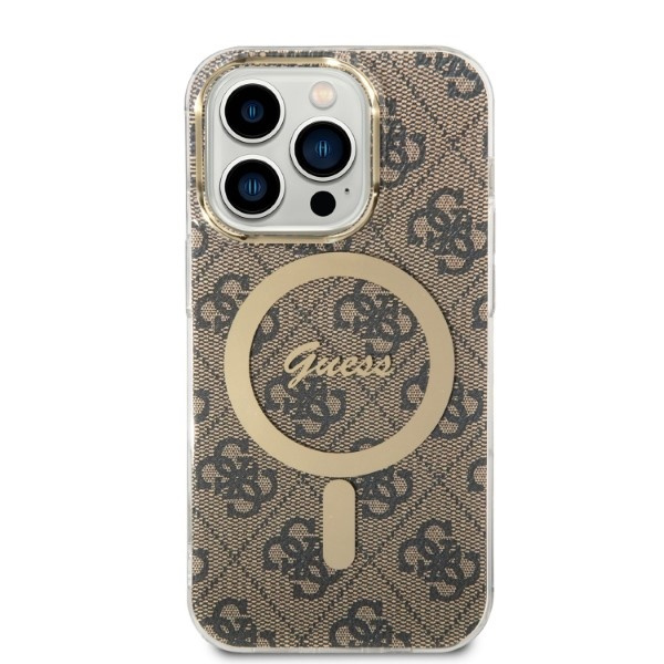 Guess GUBPP14LH4EACSW Case + Wireless Charger Apple iPhone 14 Pro brown hard case 4G Print MagSafe