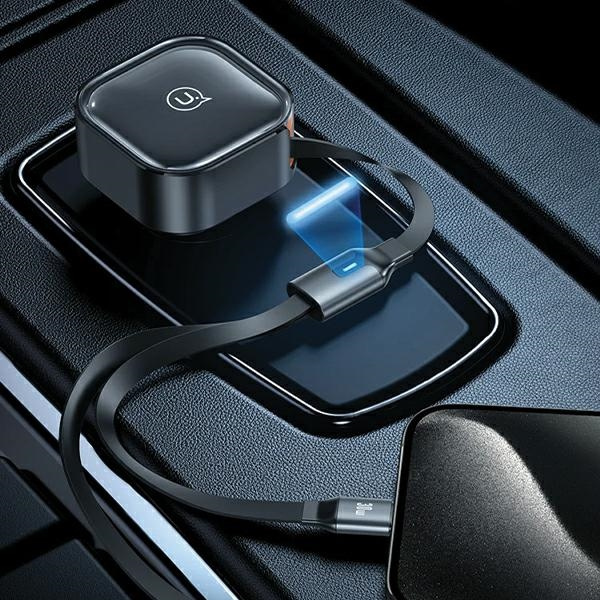 USAMS C41 2xUSB-C car charger with retractable cable PD 30W Fast Charge black