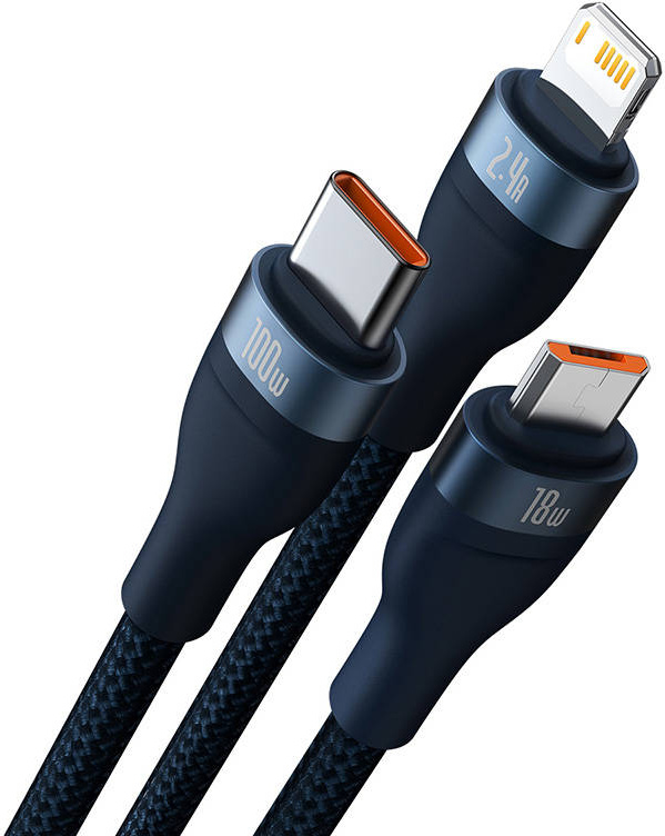 Baseus Flash Series Cable 3w1 USB-A - USB-C + micro USB + Lightning 100W 1.2m (blue)