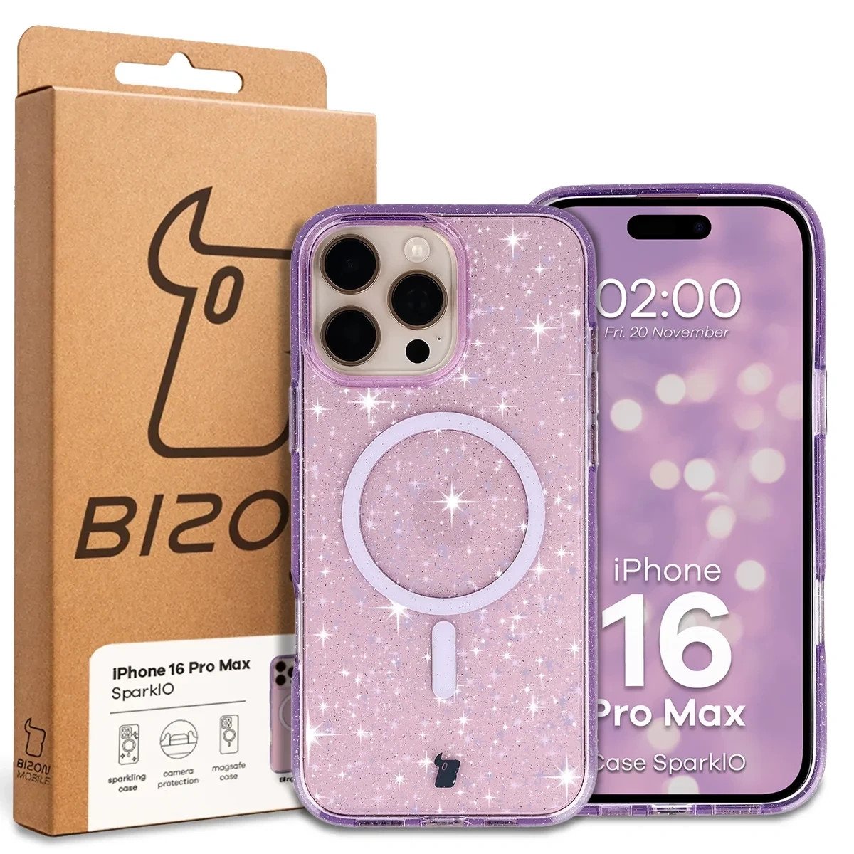 Etui brokatowe z pierścieniem magnetycznym Bizon Case SparklO do Apple iPhone 16 Pro Max, przezroczysto-fioletowe z brokatem