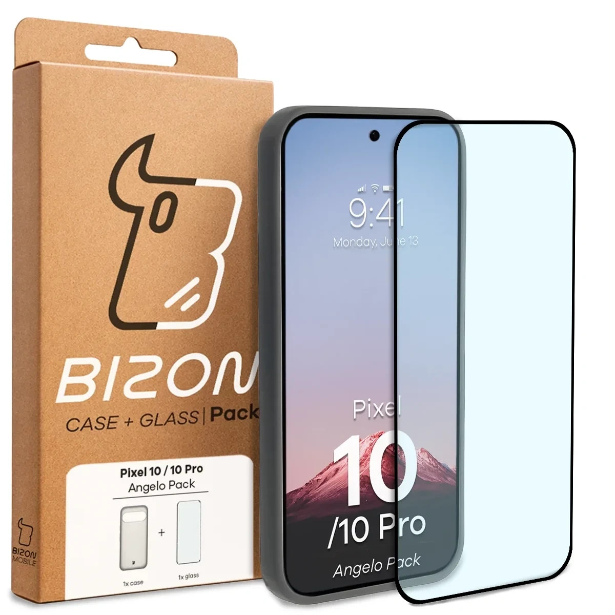 Etui + szkło hartowane Bizon Angelo Pack do Google Pixel 10 / 10 Pro, półprzezroczyste z szarą ramką