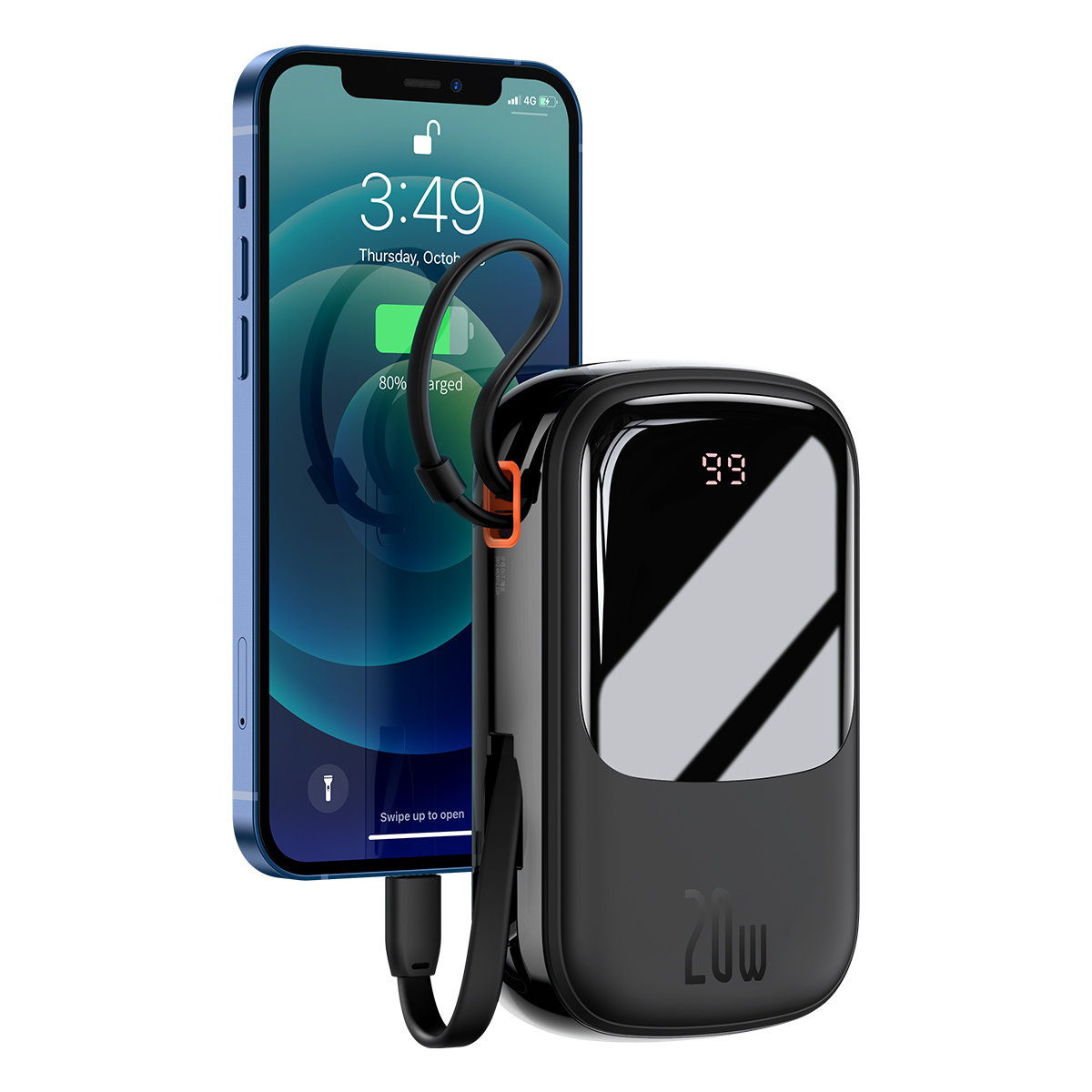 Baseus Qpow Digital Display power bank with fast charging 20000mAh 20W QC/PD/SCP/FCP with built-in Lightning cable black