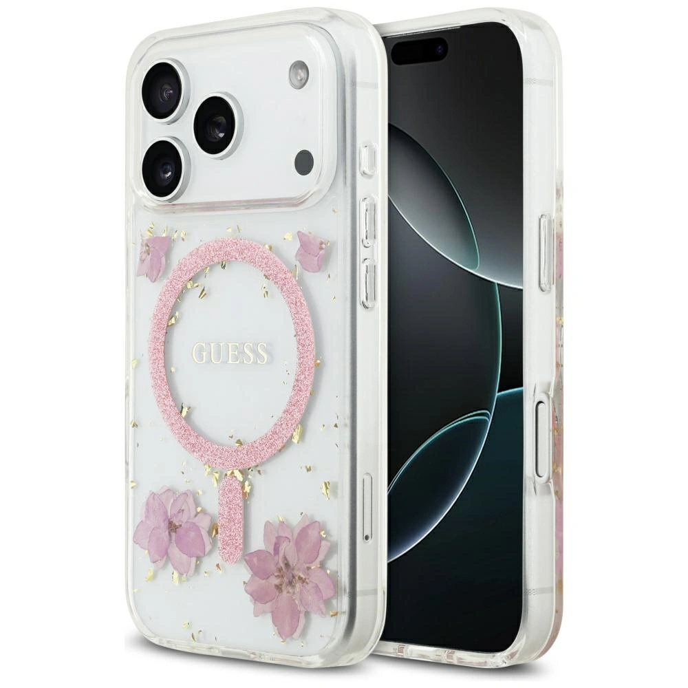 Etui Guess Resin Flowers Glitter MagSafe do Apple iPhone 17 Pro różowy