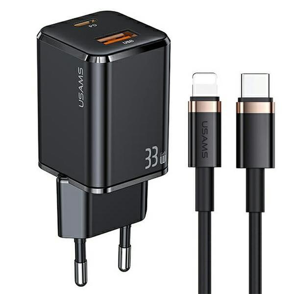 USAMS T43 Wall Charger 1xUSB-C/1xUSB 33W PD 3.0 + QC 3.0 + U63 cable USB-C/Lightning black USKTZ01