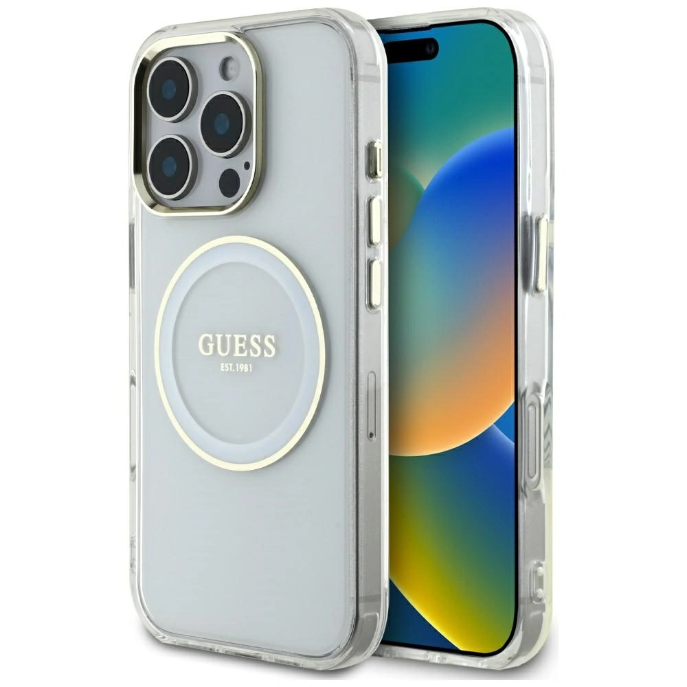 Etui Guess IML Metal Colored Circle Classic Logo MagSafe do Apple iPhone 16 Pro biały