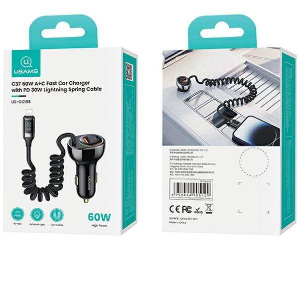 USAMS US-CC193 car charger 1xUSB-A 18W+1xUSB-C 30W + cable Ligtning 30W PD+QC Fast Charge black