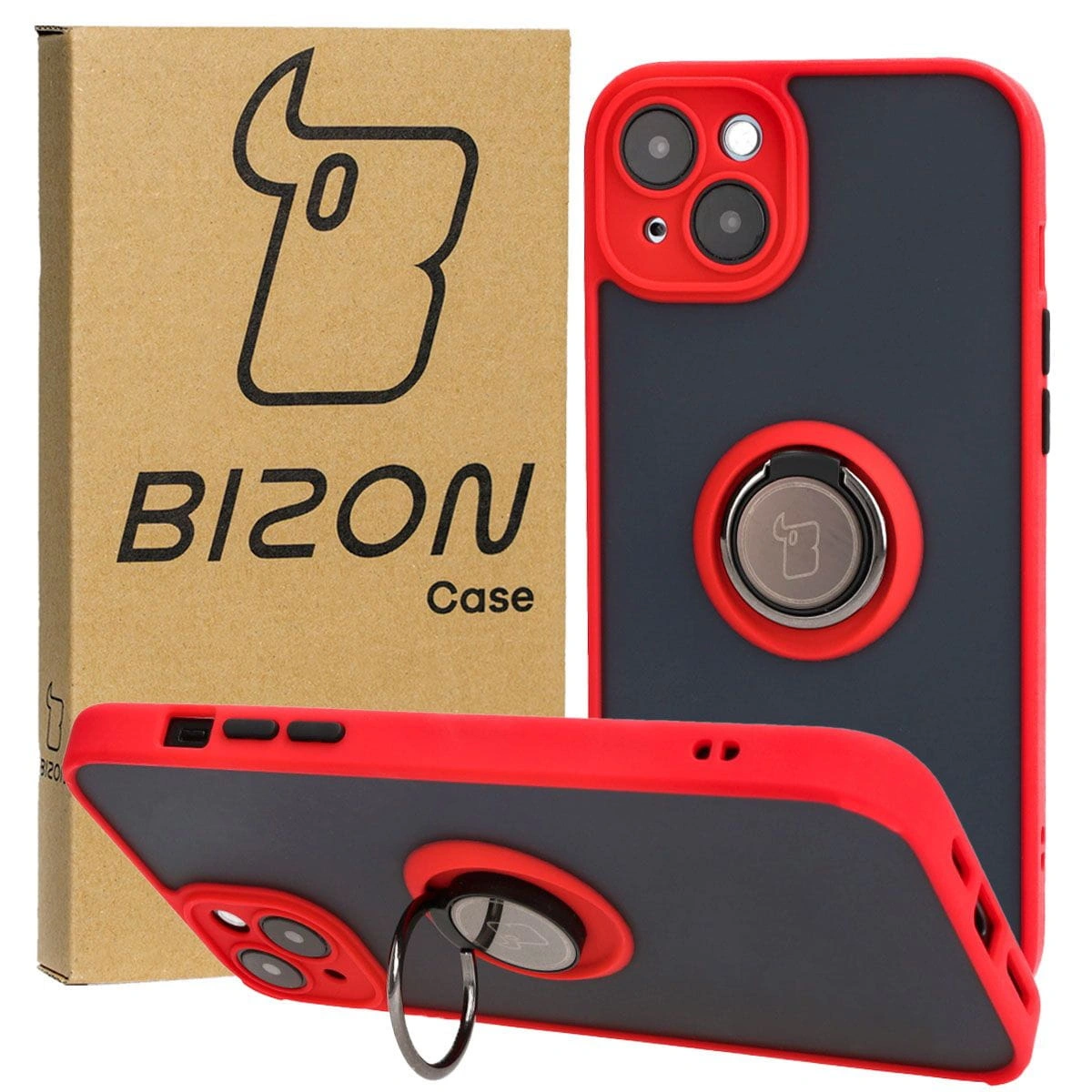 Bizon Case Hybrid Ring Apple iPhone 15 Plus smoky with a red frame
